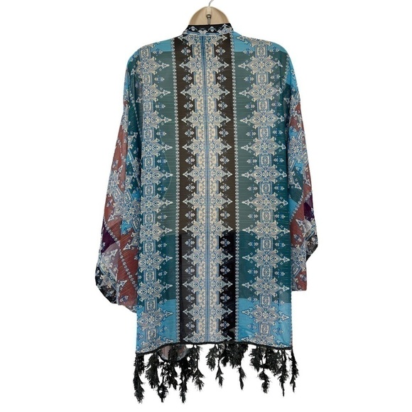 Anna Sui Women's Sz PS Petite Small Blue, Purple, Shimmery Kimono w/ Leaf Fringe - Picture 3 of 9